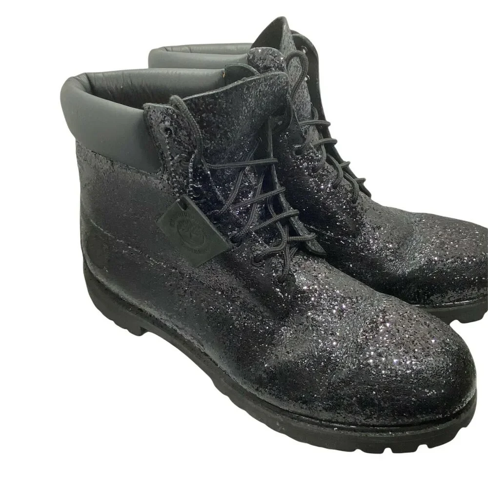 Timberland Men's Black Glitter Lace Up Ankle Block Heel Combat Boots size 15 W